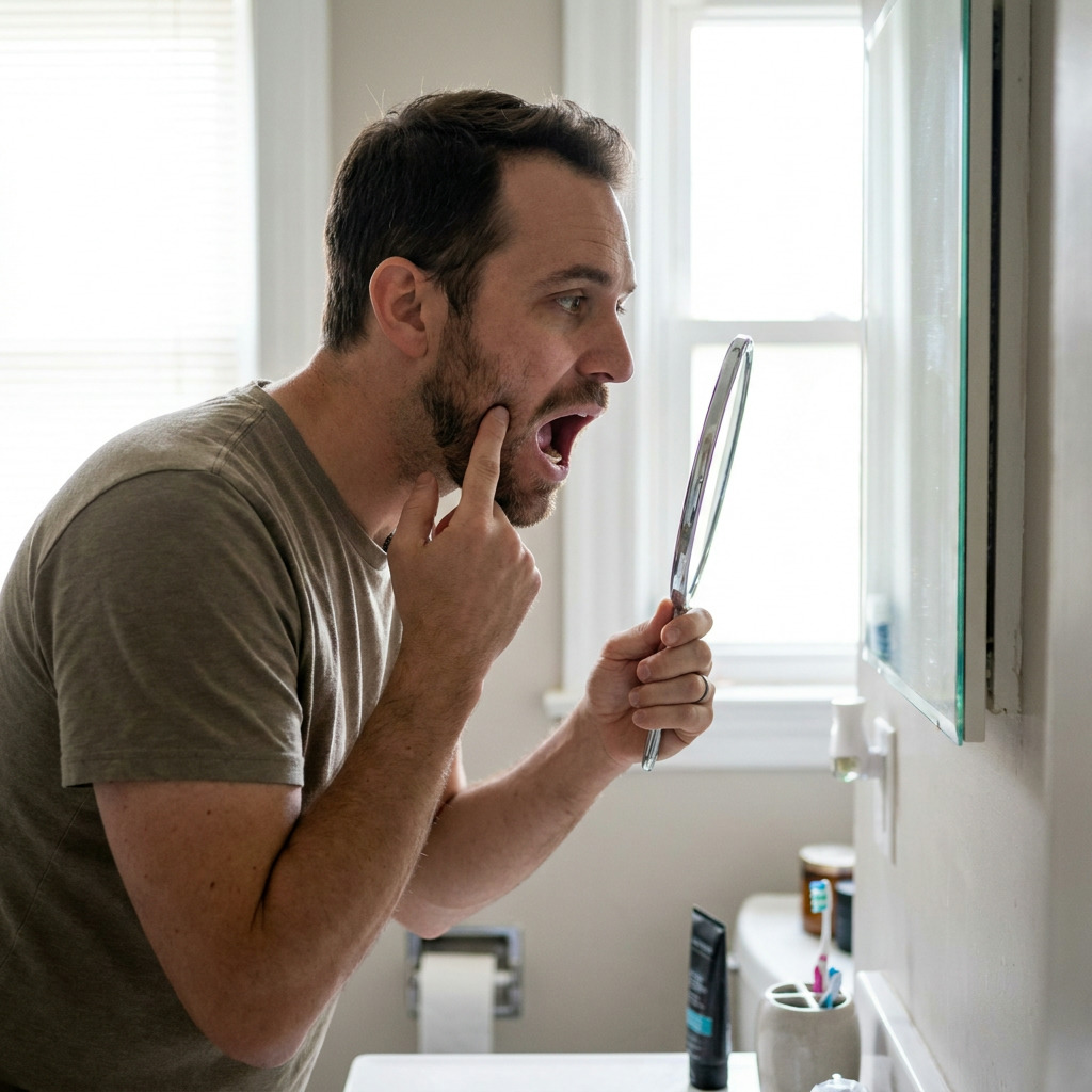 Steven, wearing a t-shirt, holds a hand mirror and points to his open mouth while looking into a wall mirror in a bathroom with a window.