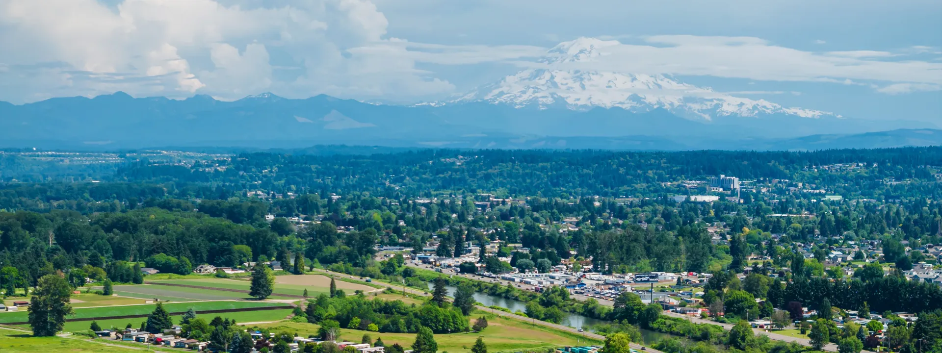 Valley with suburban homes, fields, and trees below snow-capped mountain under a cloudy sky.