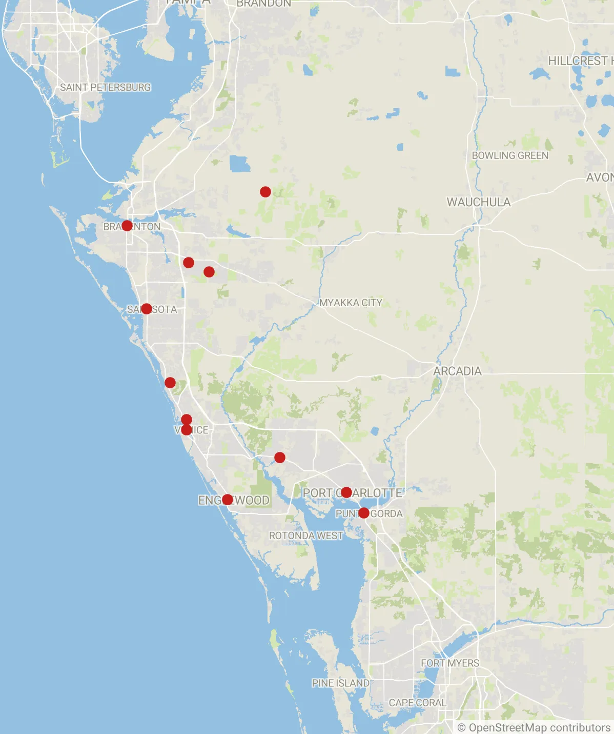 A map of southwest Florida with dots to indicate the service area. 