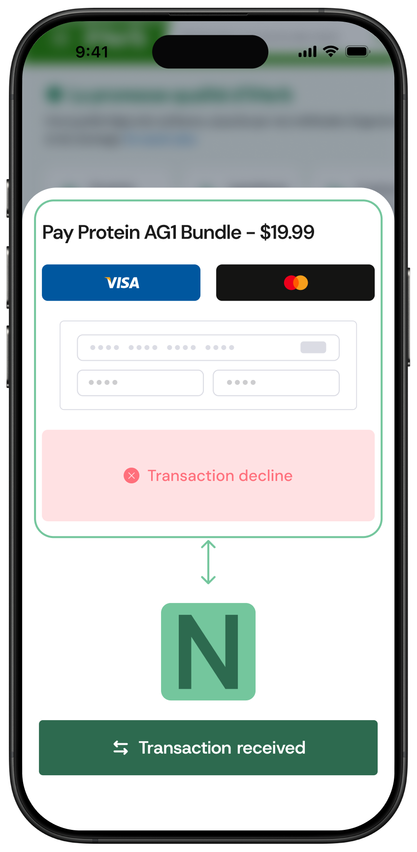 Payment form for Protein AG1 Bundle priced at $19.99 showing Visa and Mastercard options, with a red error message indicating transaction decline, followed by a green confirmation box stating transaction received.