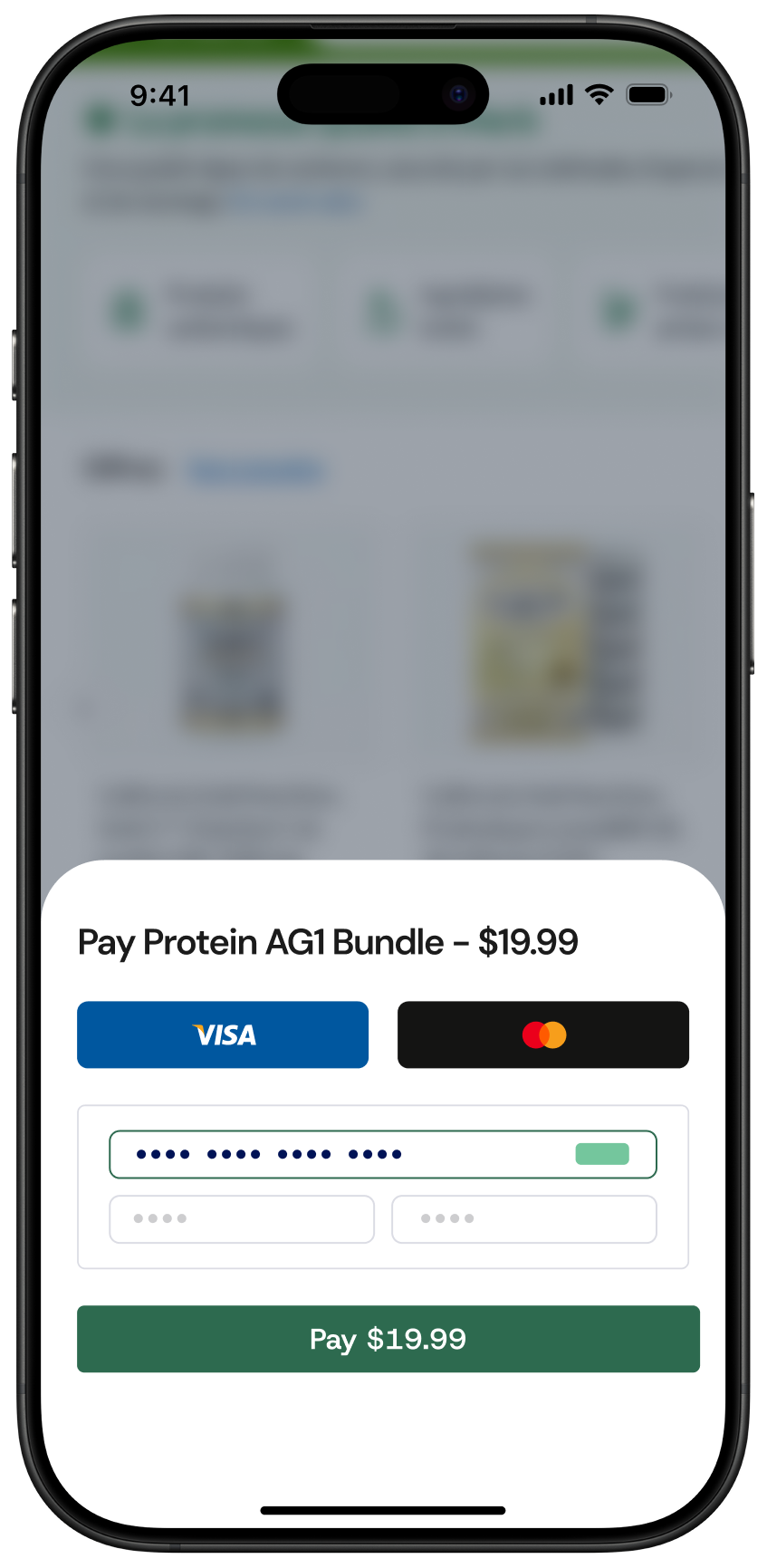 Online payment form for Protein AG1 Bundle costing $19.99 with options to pay using Visa or Mastercard, showing a card number input field and a green 'Pay $19.99' button.