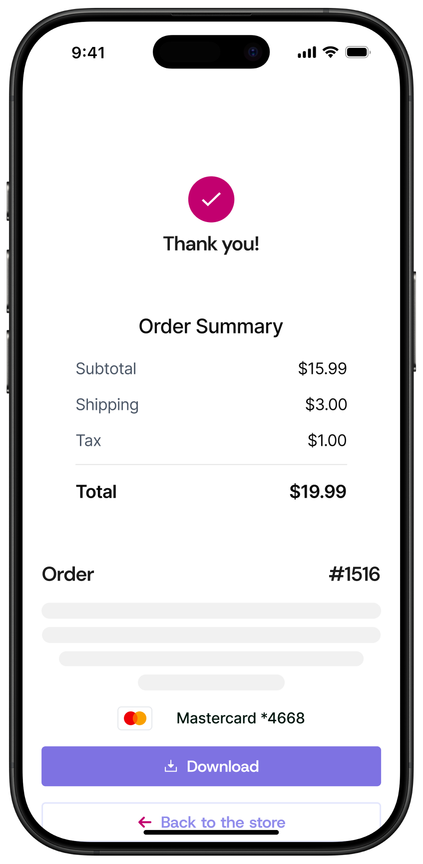 Order confirmation screen showing a thank you message, order summary with total $19.99, and Mastercard ending 4668.