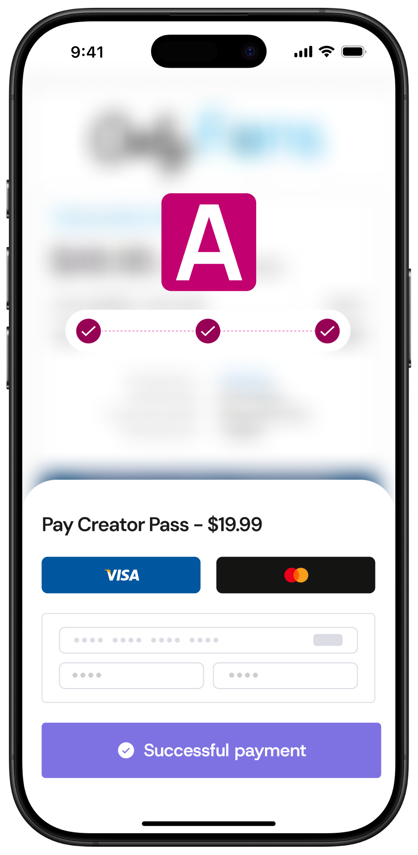 Successful payment confirmation for Creator Pass costing $19.99 with Visa and Mastercard options.