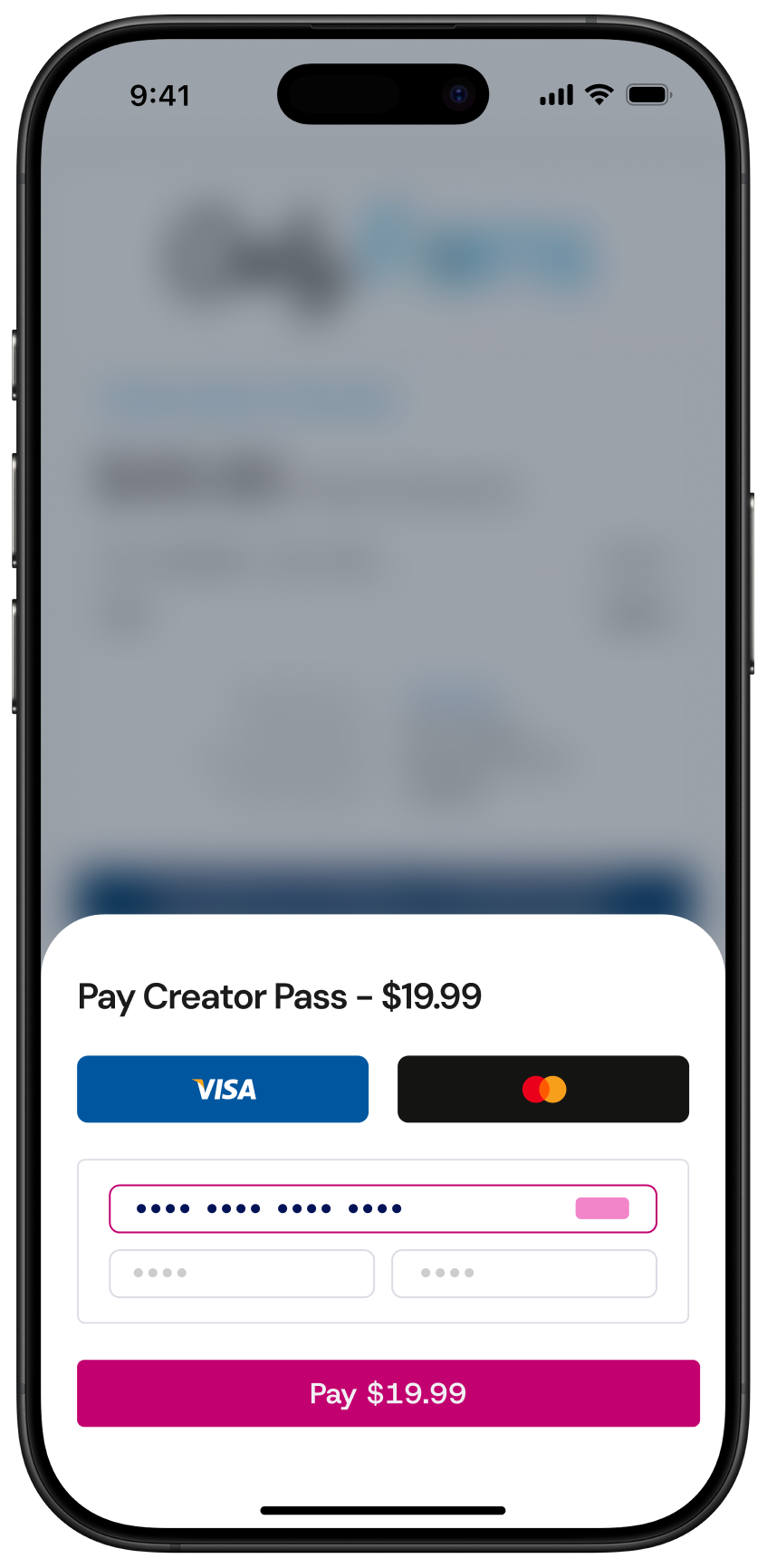 Payment form for Creator Pass with $19.99 charge, options for Visa or Mastercard, and input fields for card details.