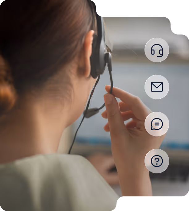 Person wearing a headset seen from behind with customer service icons on the right side.
