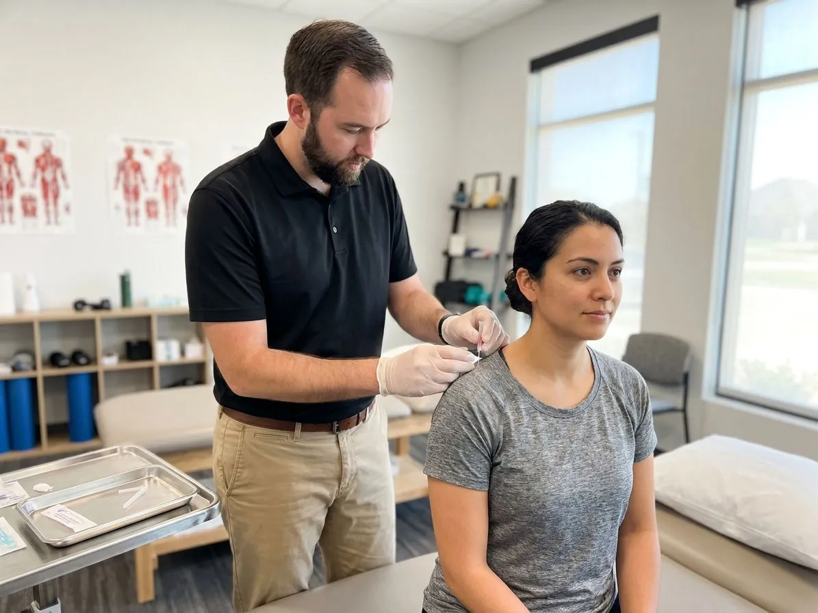 Patient working with a provider performing dry needling at a physical therapy clinic in Arlington, TX