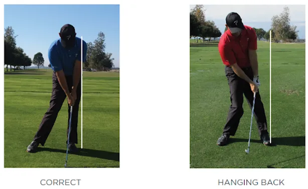 Left golfer in blue shirt swings correctly; right golfer in red shirt "hanging back." Golf course background, trees visible.
