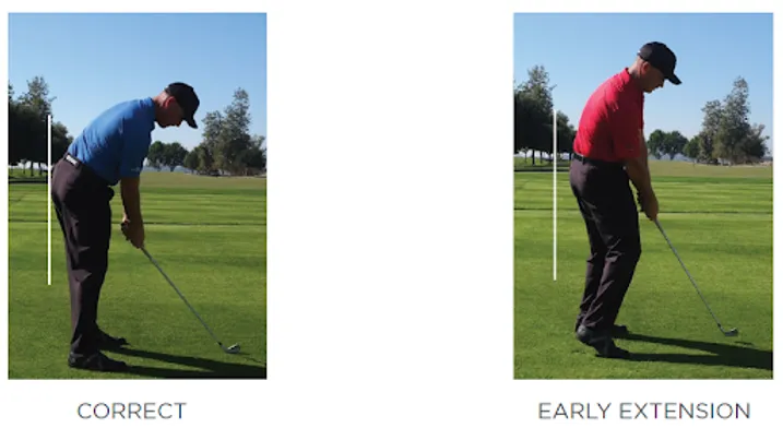 Golfer in blue demonstrates correct posture while golfer in red shows early extension. Both are on a golf course with trees in the background.