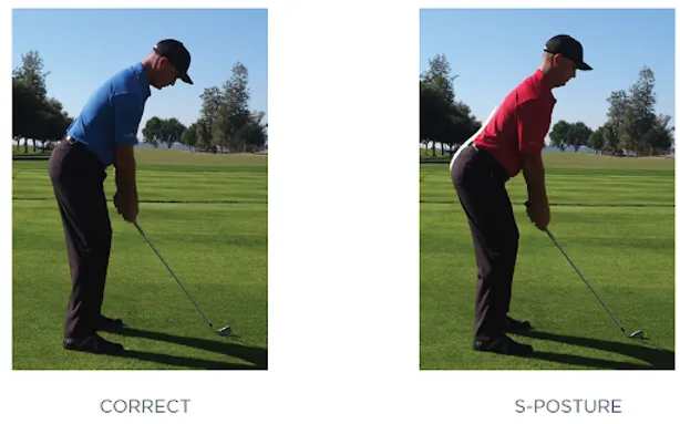 Golfer in blue shirt demonstrates correct posture, while golfer in red shows S-posture. Both on a golf course with trees in the background.