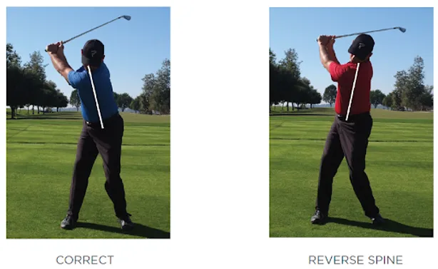 Golfer in blue shirt shows correct swing posture, while golfer in red shirt demonstrates reverse spine. Green golf course background.