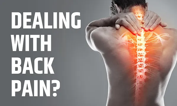 Man holding his back with visible spine illustration, surrounded by red glow indicating pain. Text asks "Dealing with back pain?"