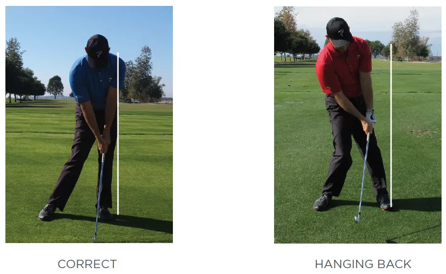 Image of a golfer performing correct golf swing, and a "hanging back" maneuver in separate pictures.