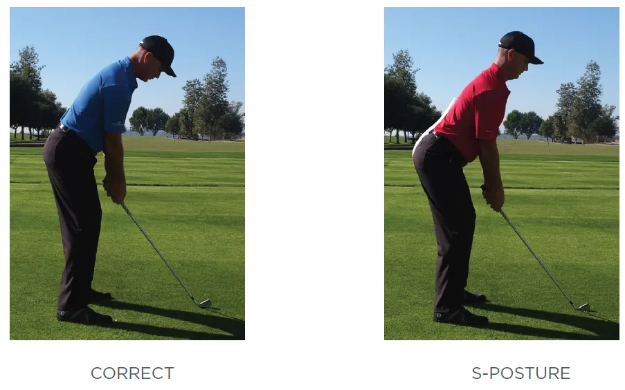 Image of a golfer performing correct golf posture, and a "S-posture" set-up in separate pictures.