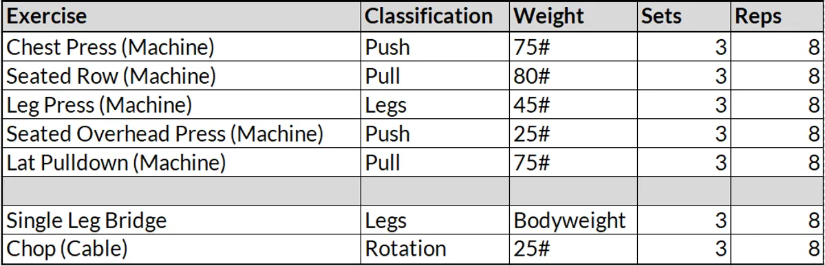 Spreadsheet grid demonstrating circuit training example