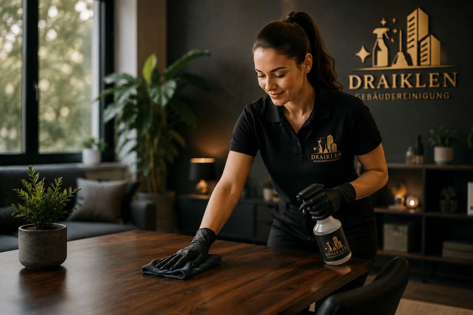 Woman in black uniform cleaning wooden table with cloth and spray bottle in modern living room.