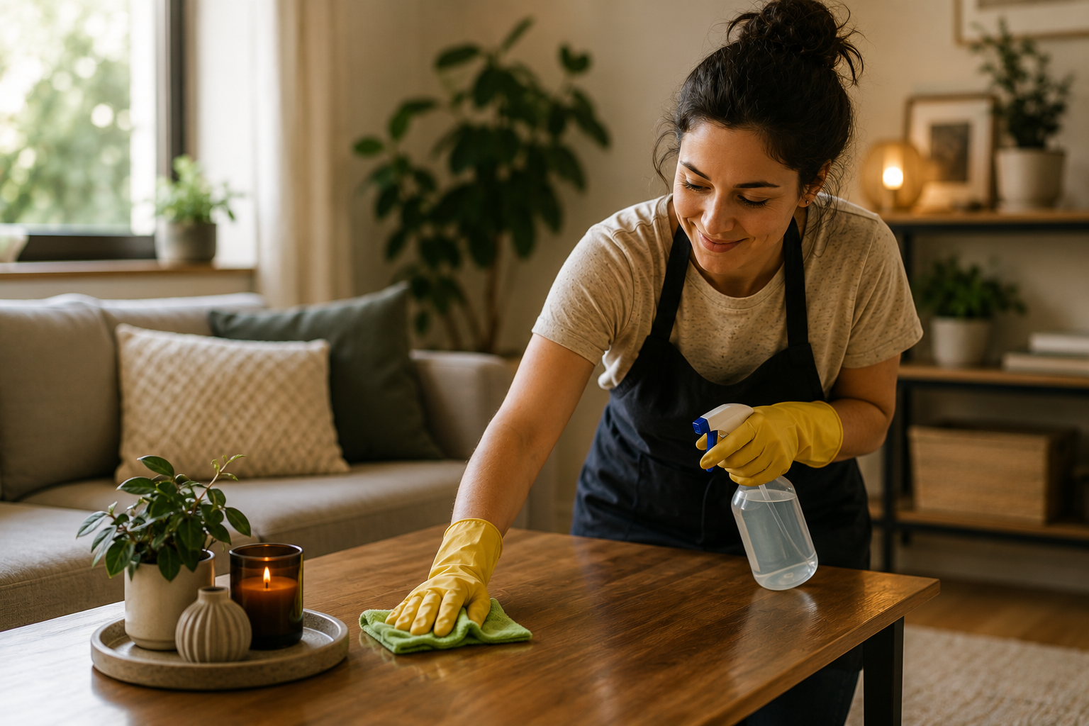 Woman wearing yellow gloves and an apron cleaning a wooden table with a spray bottle and cloth.