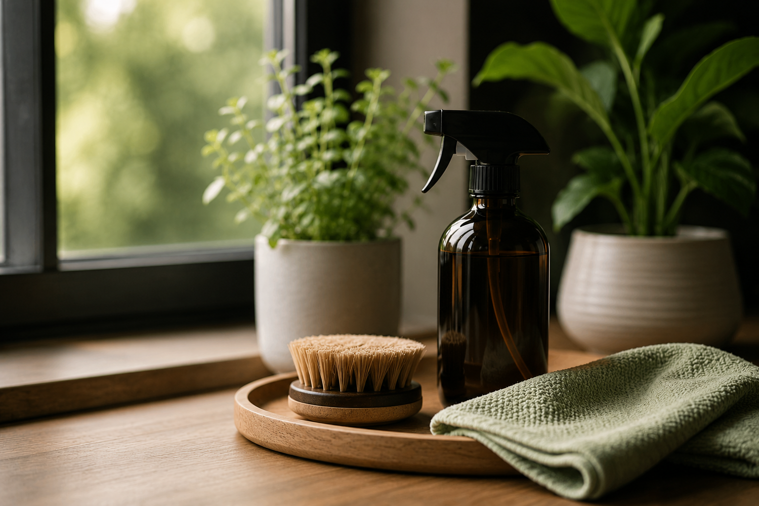 Spray bottle, brush, and green cloth on wooden tray by window with potted plants.