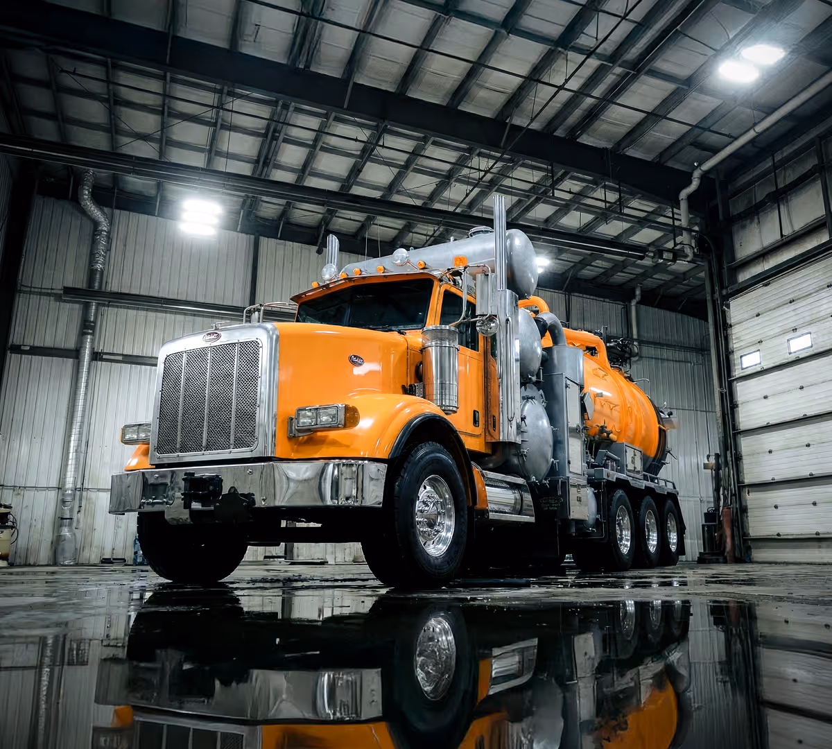 Orange industrial truck parked inside a large warehouse with reflective wet floor.