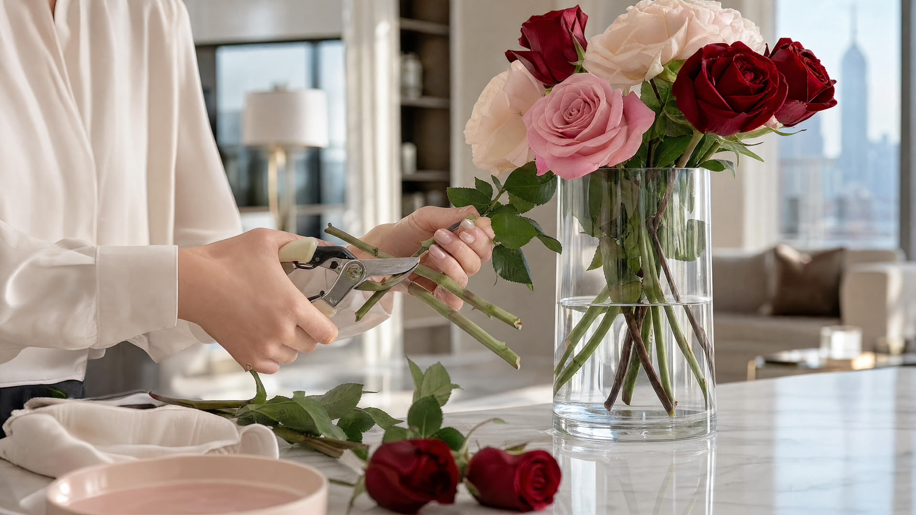 Fresh rose bouquet being trimmed and placed in clean vase water.