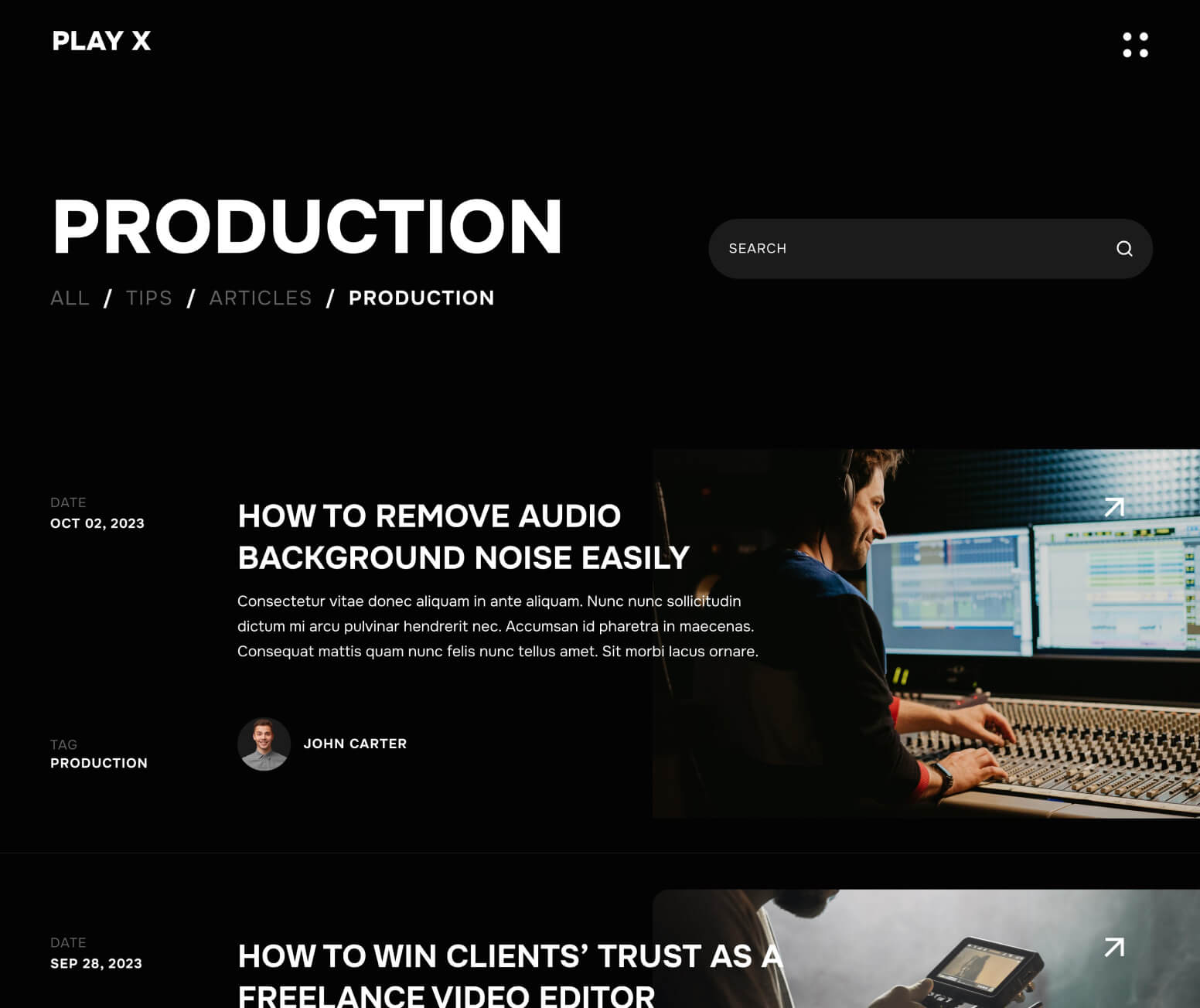 Play X - Blog Category Page - Video Production Agency Webflow Template