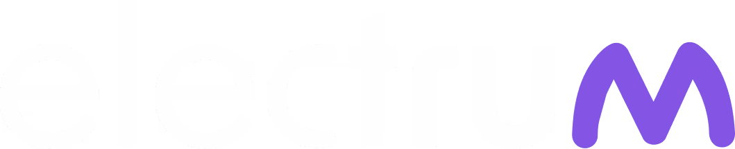 Electrum logo with white lowercase letters and a stylized purple letter M.