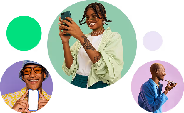 Three people using smartphones, each in a circle with different colored backgrounds.