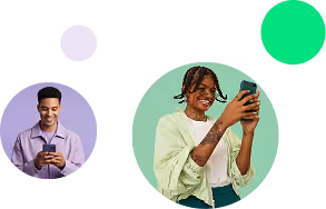 Two people smiling and using phones inside colored circles on a white background.