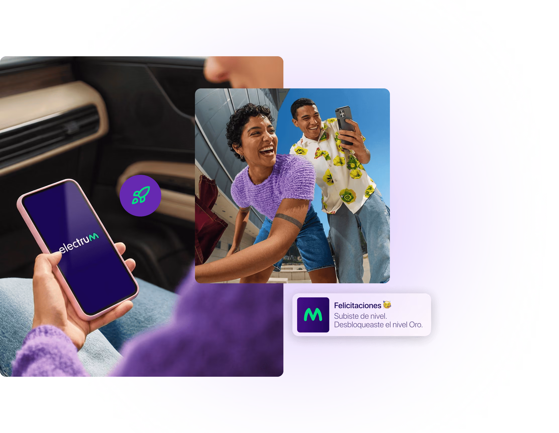 Person holding phone with Electrum app and two smiling friends taking a selfie outdoors.