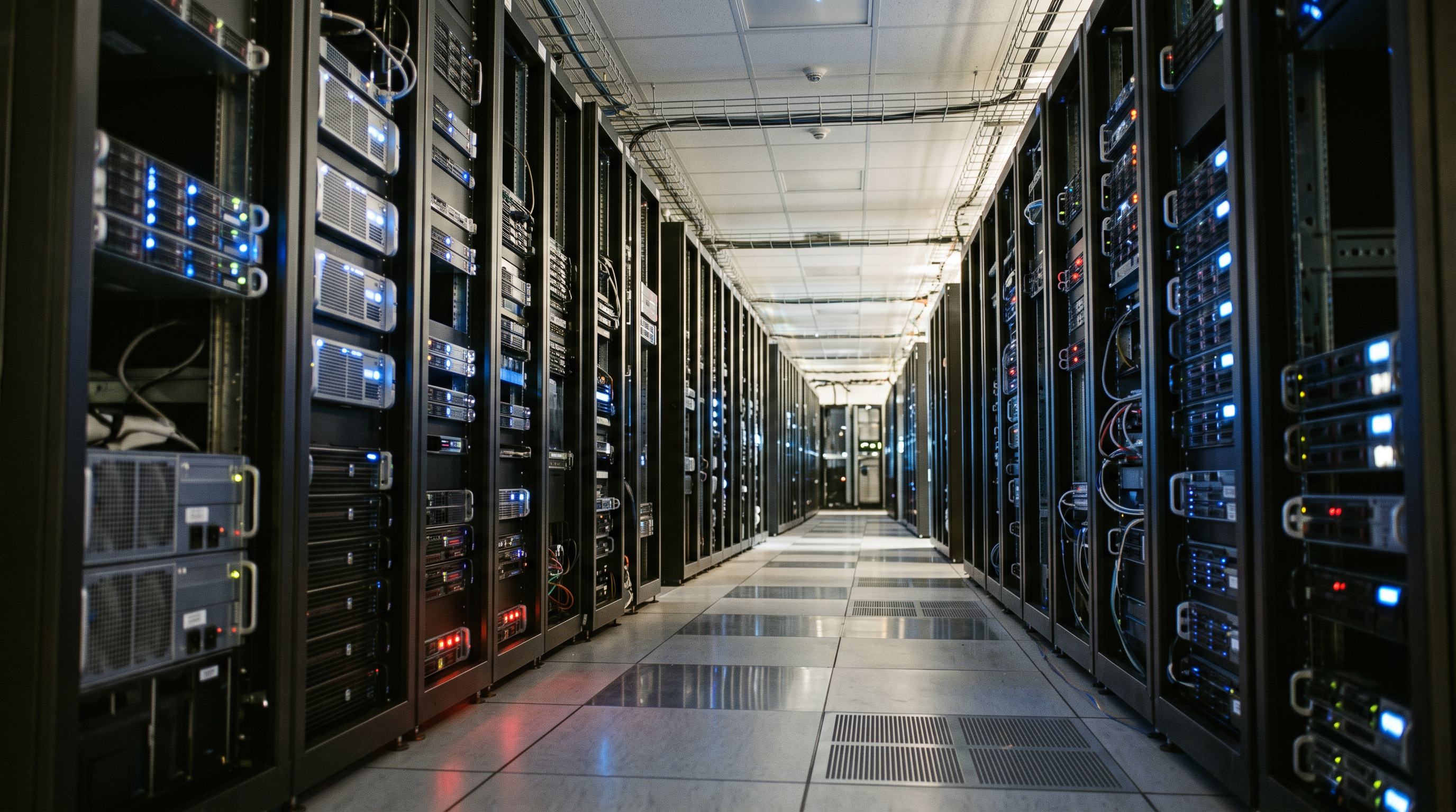 Rows of servers in a data center increasing demand on the U.S. power grid