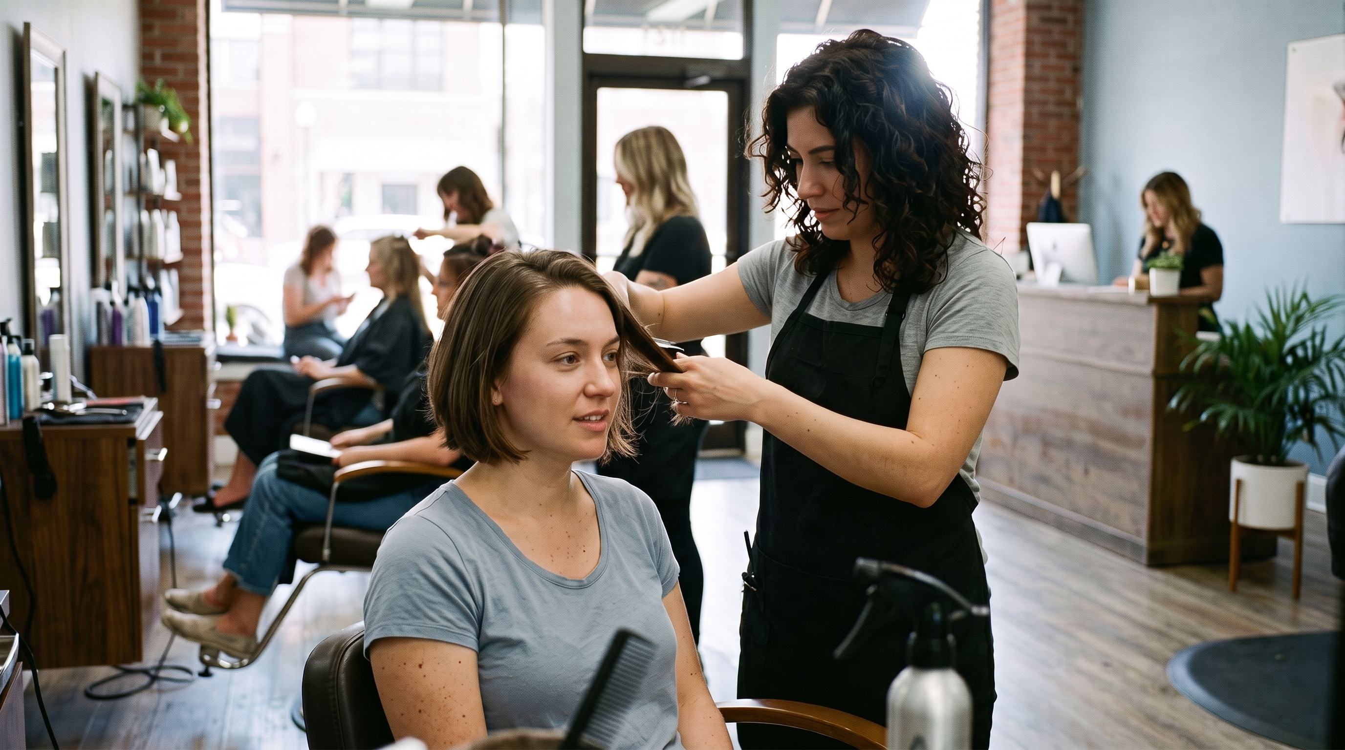 A hair salon serving customers during the working day