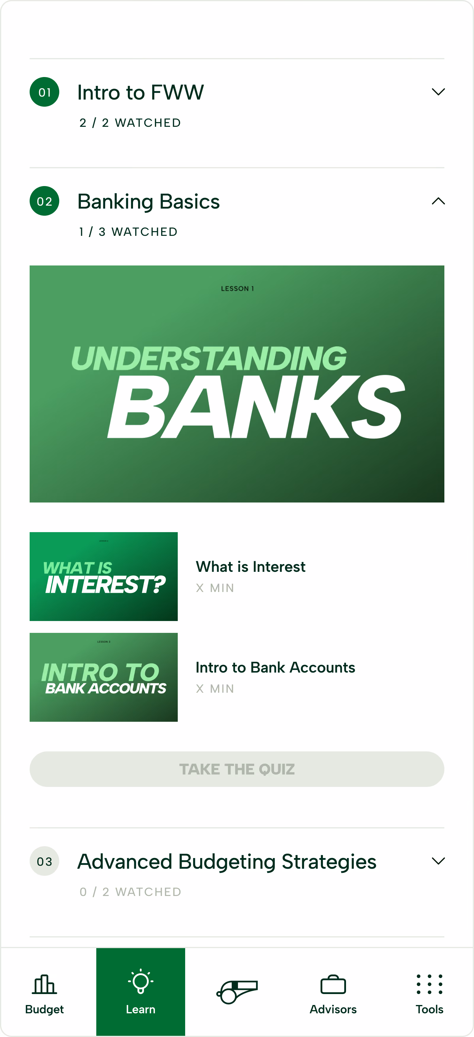 Final Whistle Wealth mobile app Learn screen showing Banking Basics module expanded with Understanding Banks as the featured lesson, plus What is Interest and Intro to Bank Accounts thumbnails, and a greyed-out Take the Quiz button