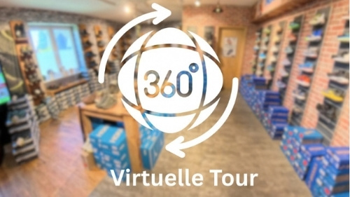 Virtueller 360°-Rundgang durch das Fachgeschäft Winzer Gesunde Schuhe in Waren (Müritz), Blick auf die Schuhregale
