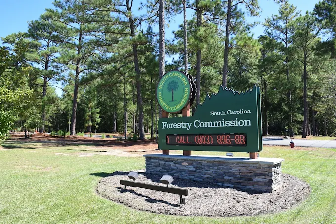 Sign for South Carolina Forestry Commission with trees and grass in the background on a sunny day.