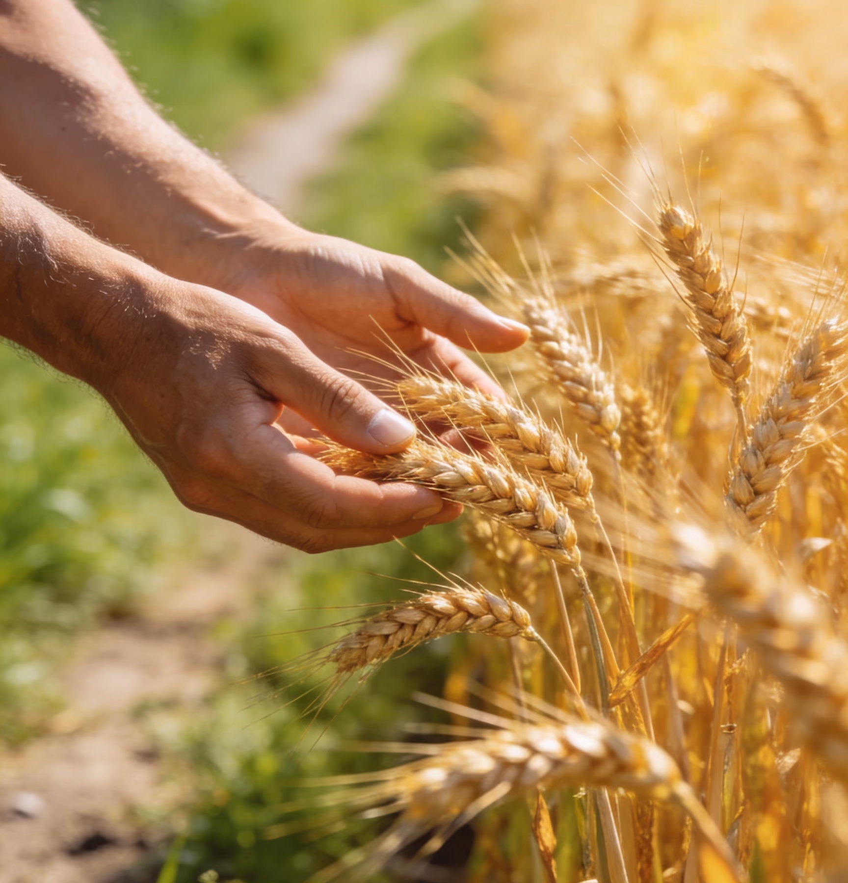 Hands gently holding ripe golden wheat heads in a sunny field with a green path in the background.