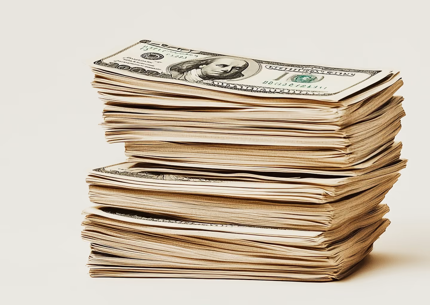 Stacks of folded U.S. one hundred dollar bills piled on a light surface.