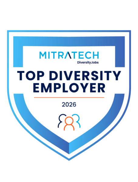 Shield-shaped badge with text MITRATECH DiversityJobs and Top Diversity Employer 2026 with icon of three stylized people in blue and orange.