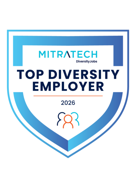 Shield-shaped badge with text MITRATECH DiversityJobs and Top Diversity Employer 2026 with icon of three stylized people in blue and orange.