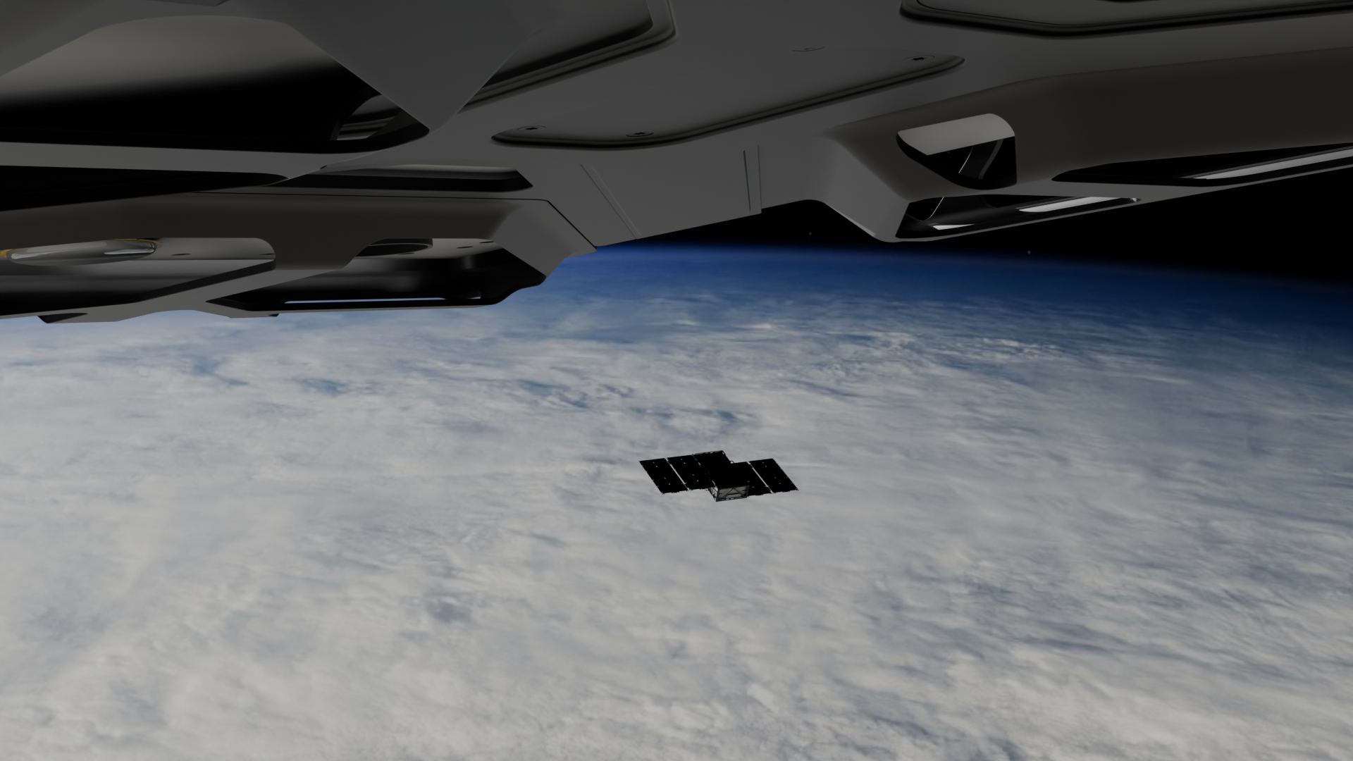 View of Earth from space with a satellite and part of a spacecraft in the foreground.