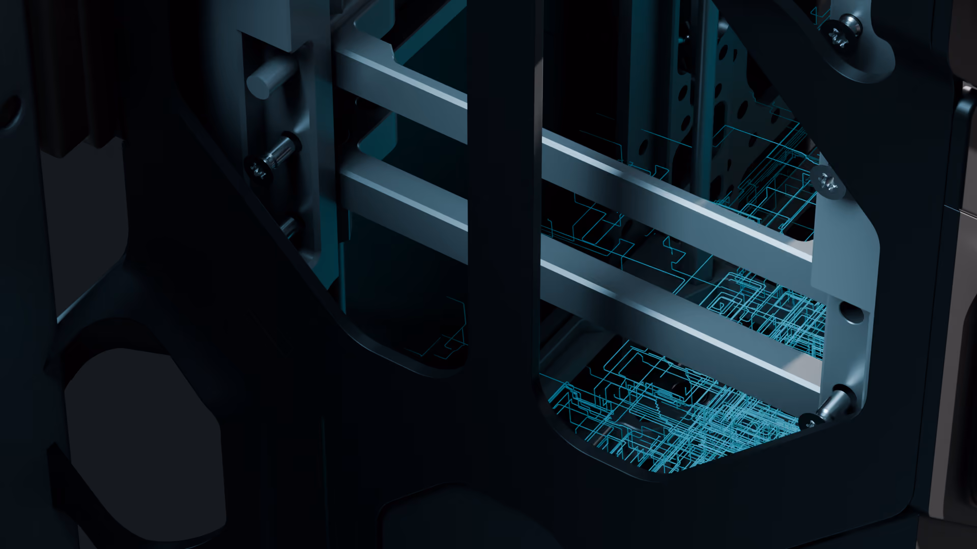 Close-up of black and silver industrial machinery with blue digital circuit overlay inside.
