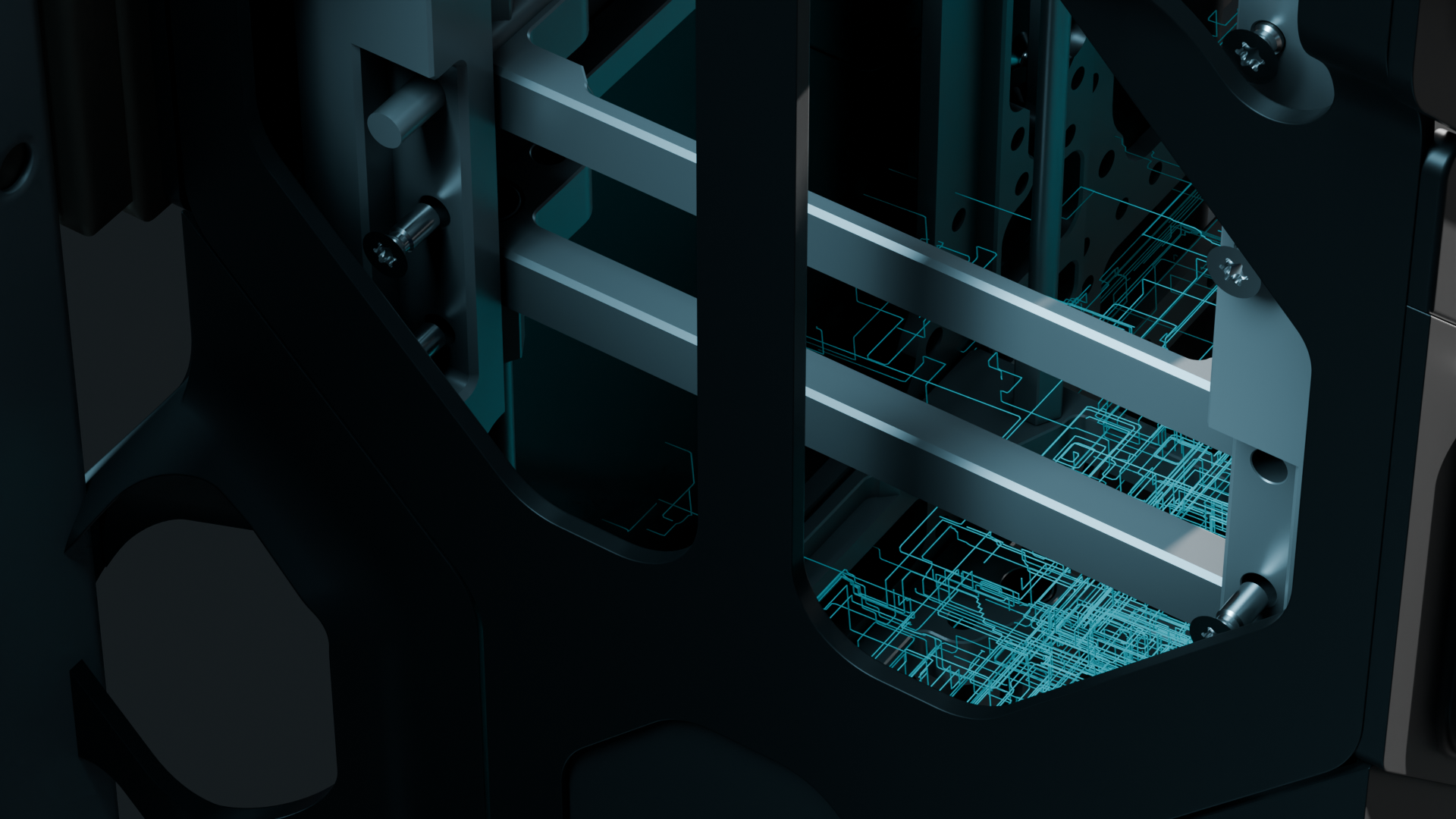 Close-up of black and silver industrial machinery with blue digital circuit overlay inside.