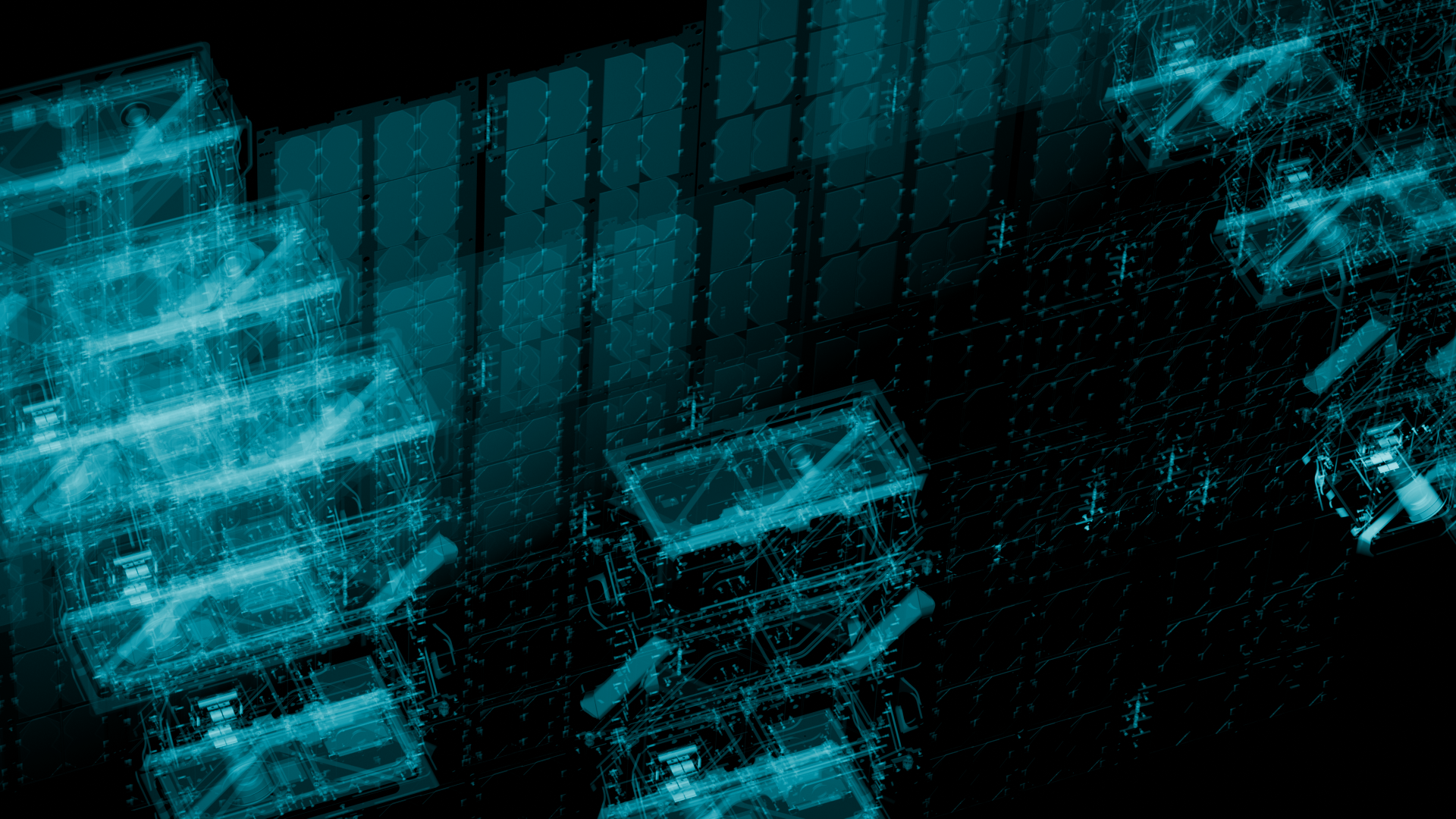 Abstract digital blue circuit boards or microchips forming a futuristic technology pattern on black background.