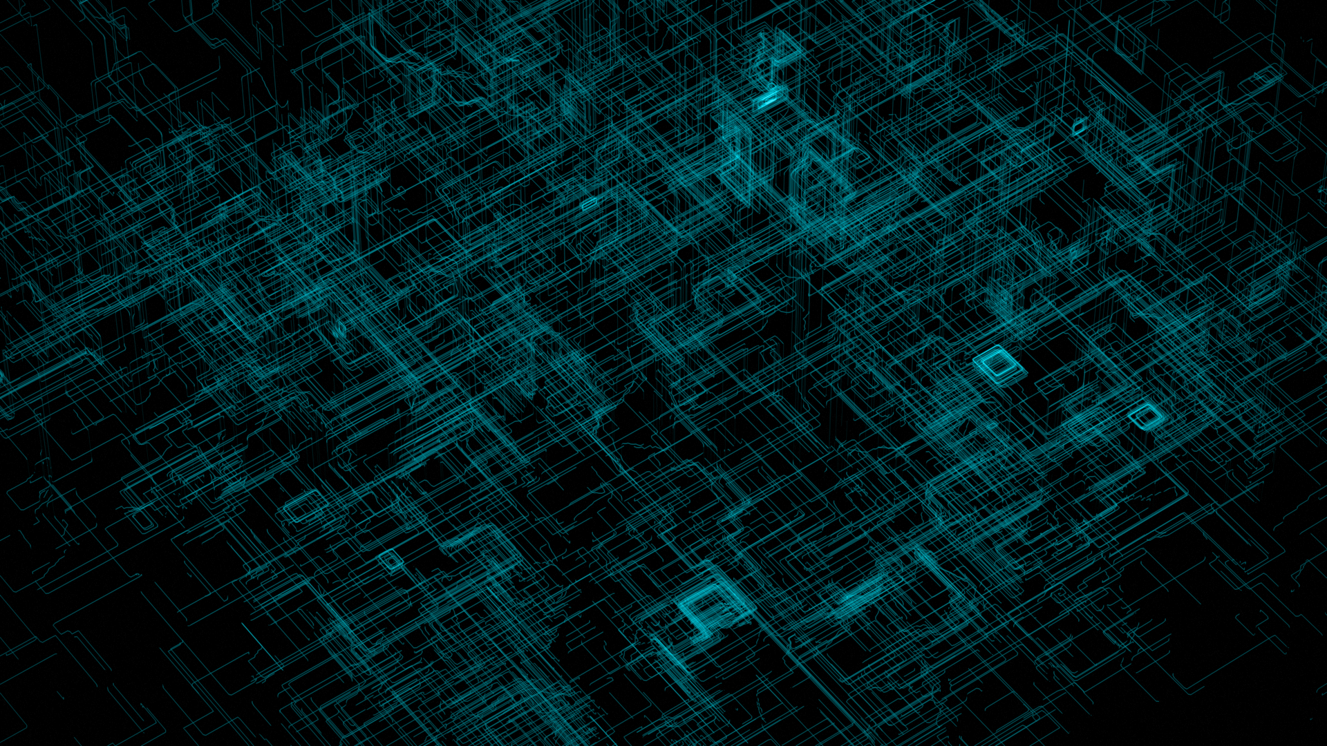 Abstract blue circuit-like network of lines and shapes on a black background.