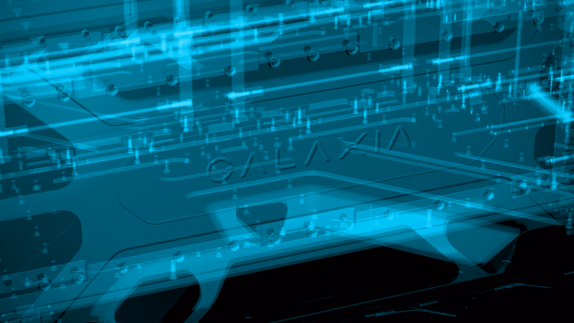 Transparent blue digital render of mechanical parts with word GALAXIA in the center.