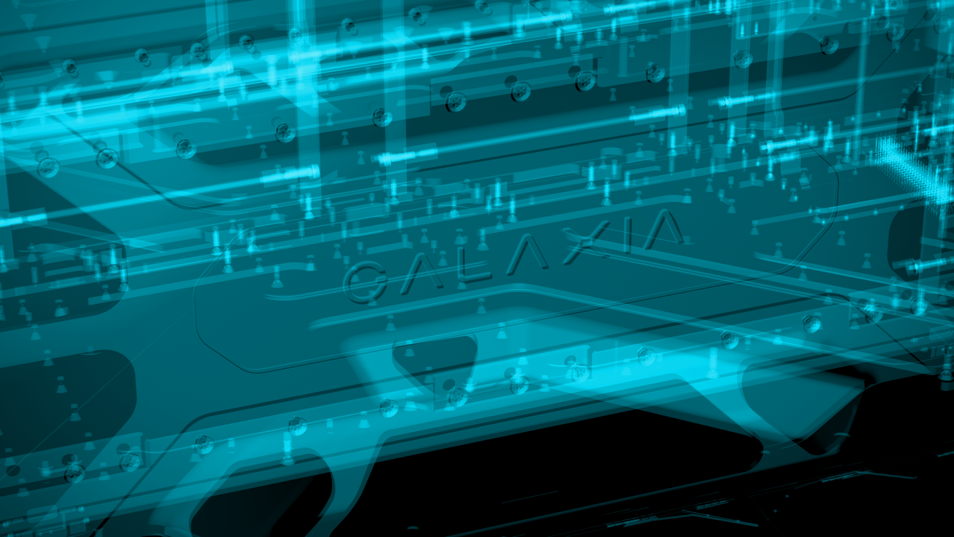Transparent blue digital render of mechanical parts with word GALAXIA in the center.