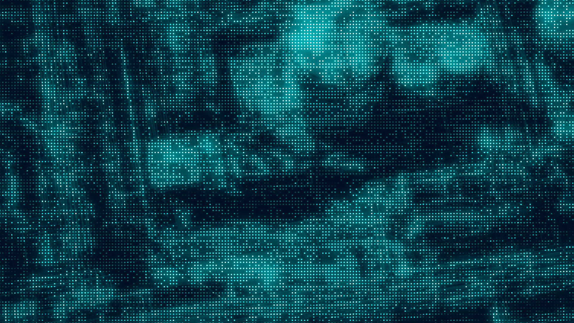 Abstract digital background with glowing cyan grid dots and dark geometric shapes.