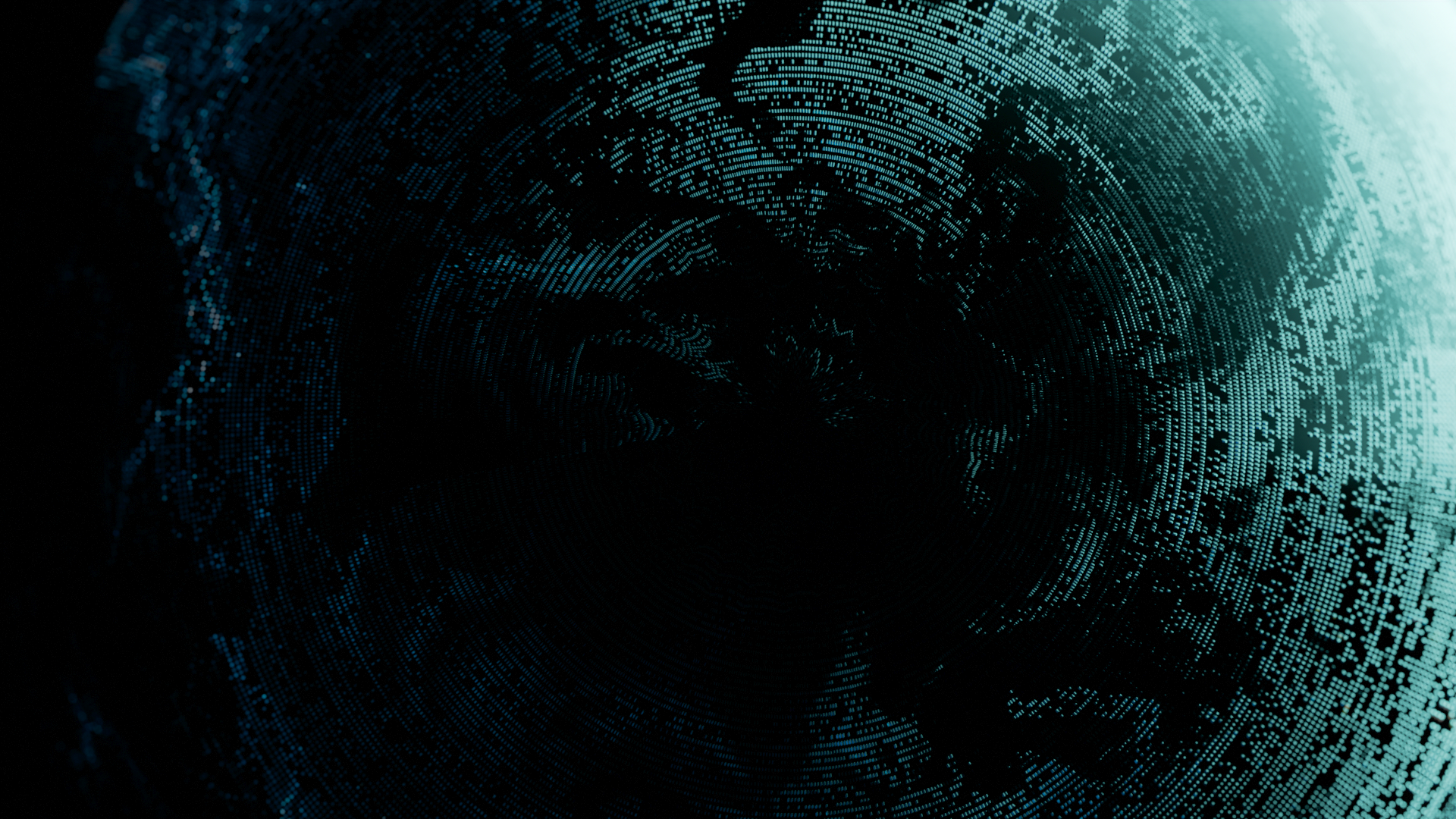 Abstract digital art of a dark circular pattern with glowing blue pixel-like dots.