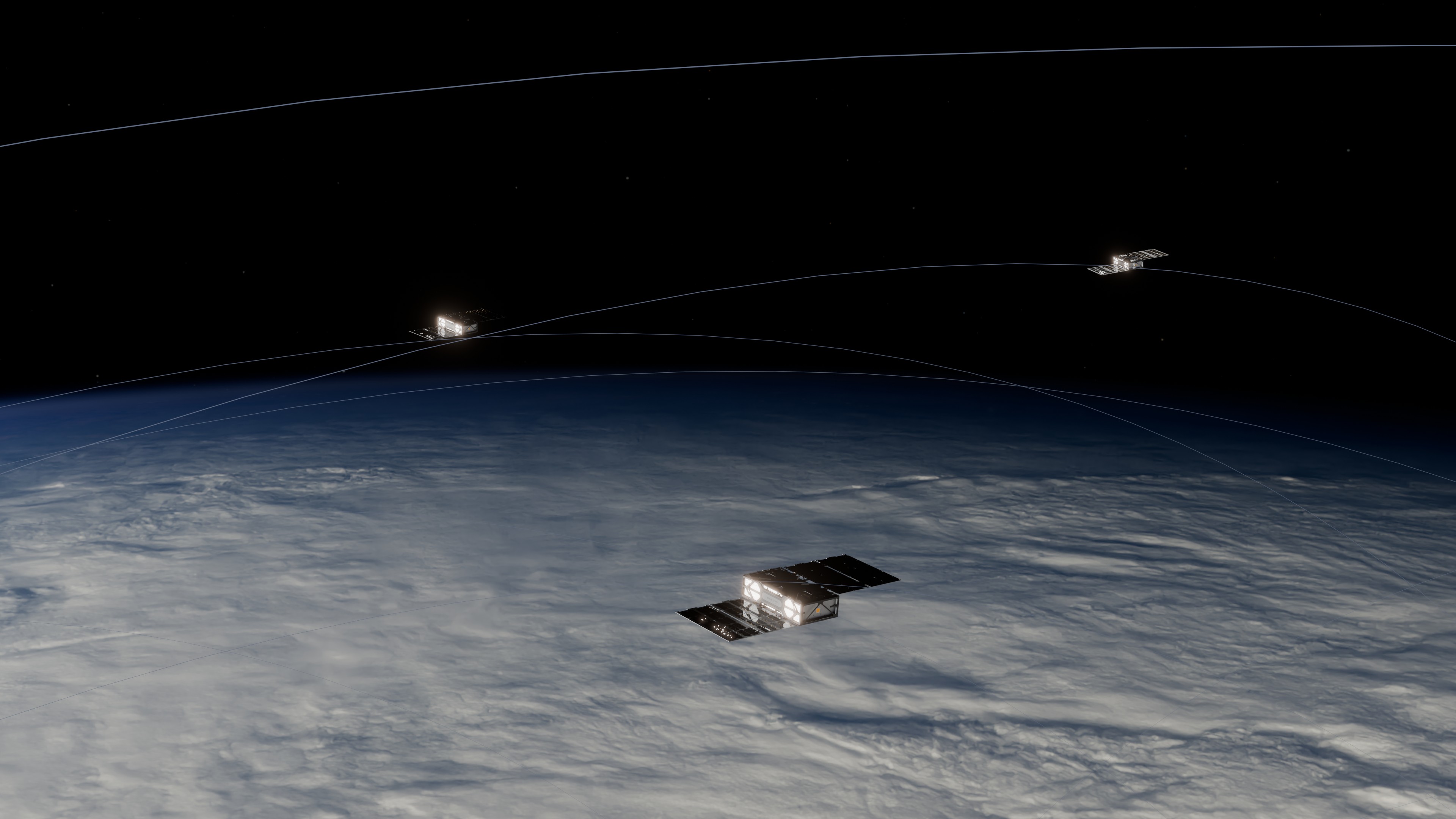 Three satellites orbiting Earth above a thick layer of clouds visible from space.