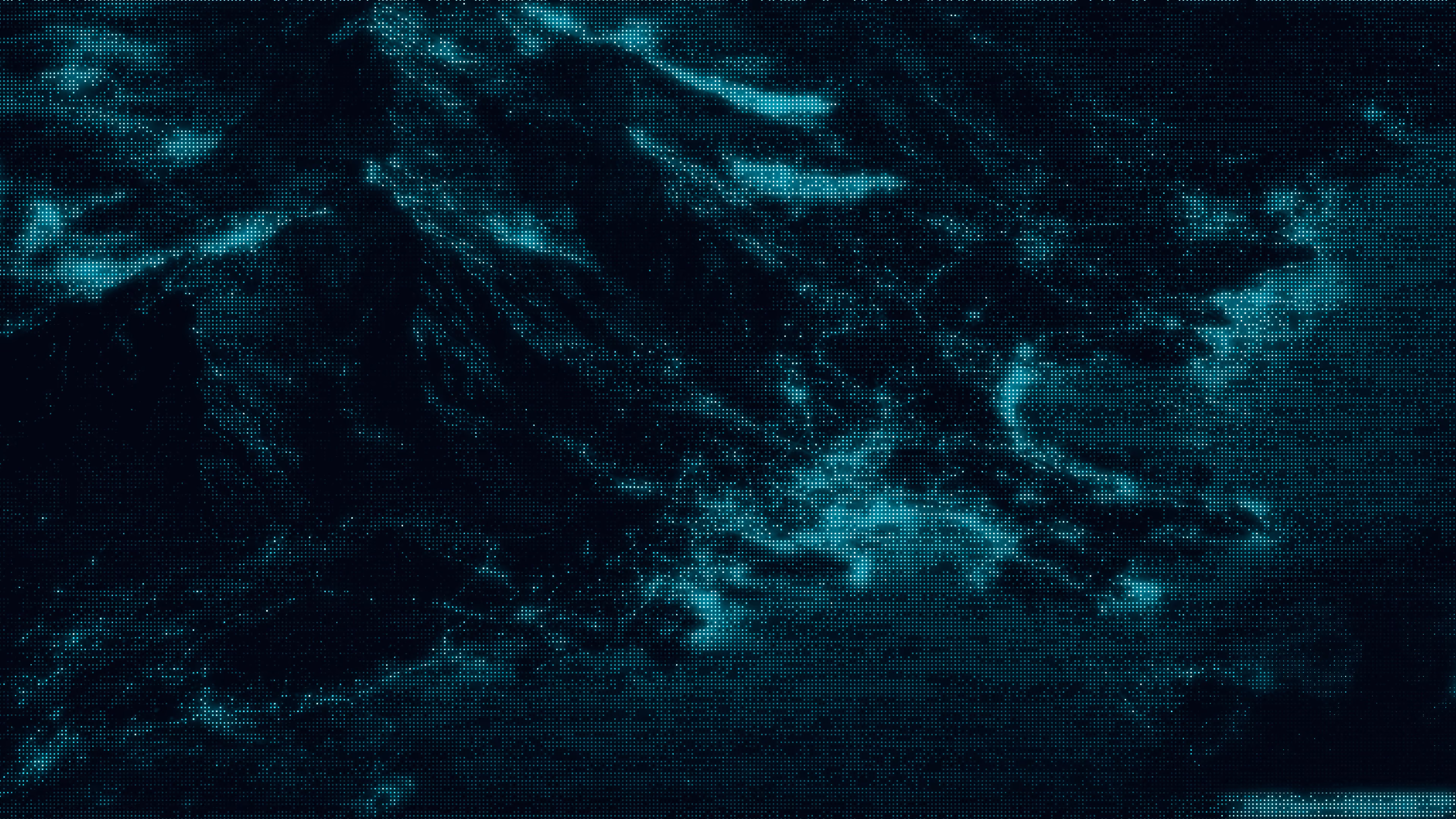 Abstract digital art of glowing blue-green swirls and particles on a dark background.
