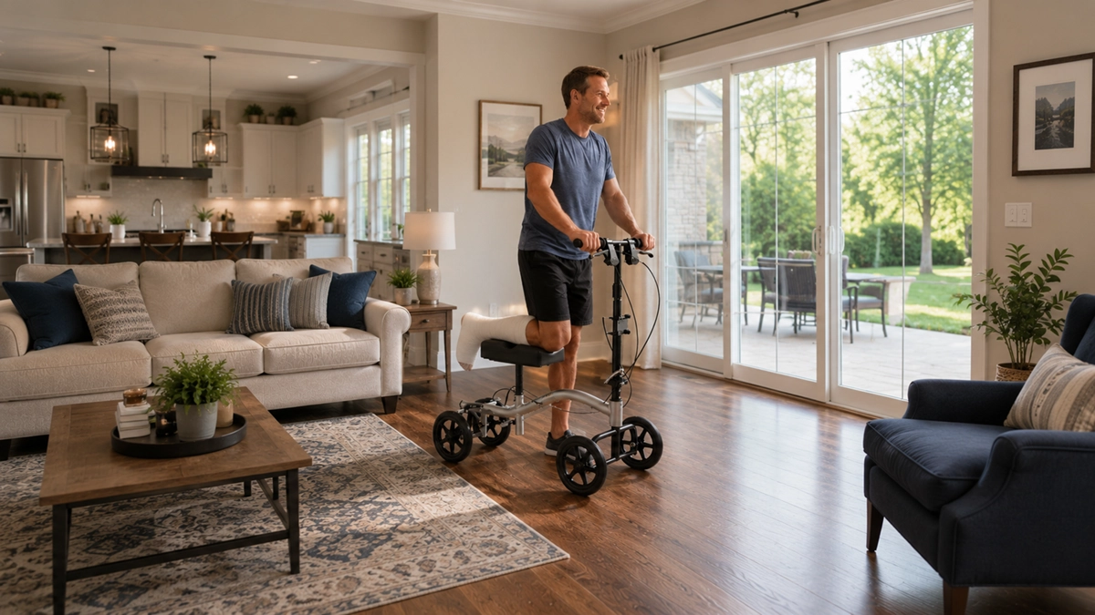 Man using a knee walker with cast in a bright living room with large windows and modern decor.