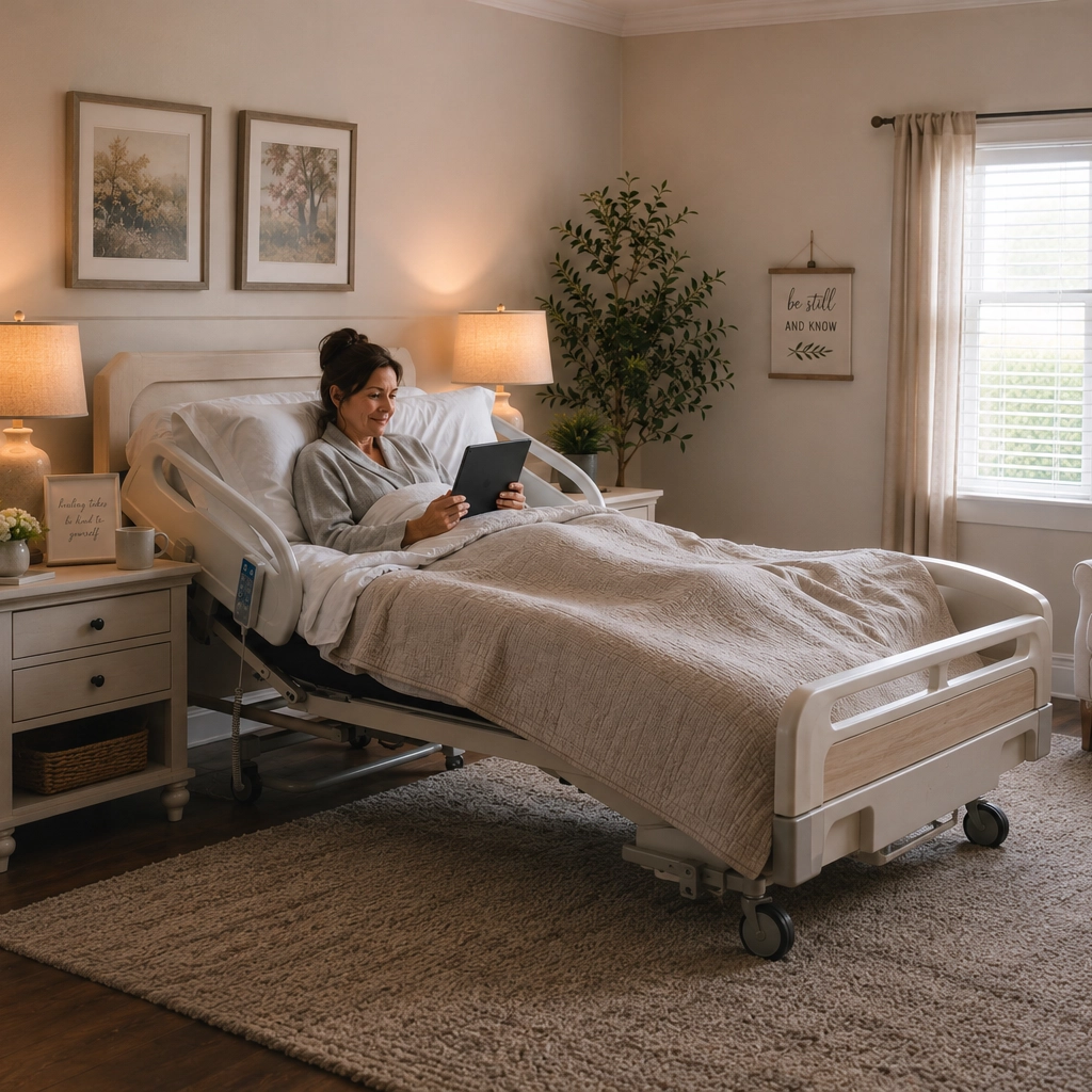 Woman in gray robe lying on a hospital bed at home, reading on a digital tablet in a cozy room.